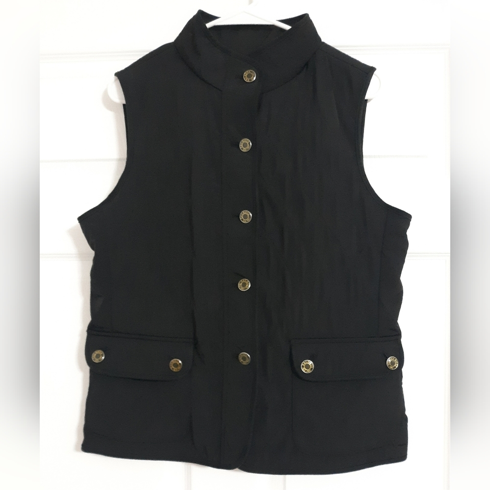 #154. TalbotsWomens Black Quilted Lightweight Fleece Lined Button Up Vest Size:M